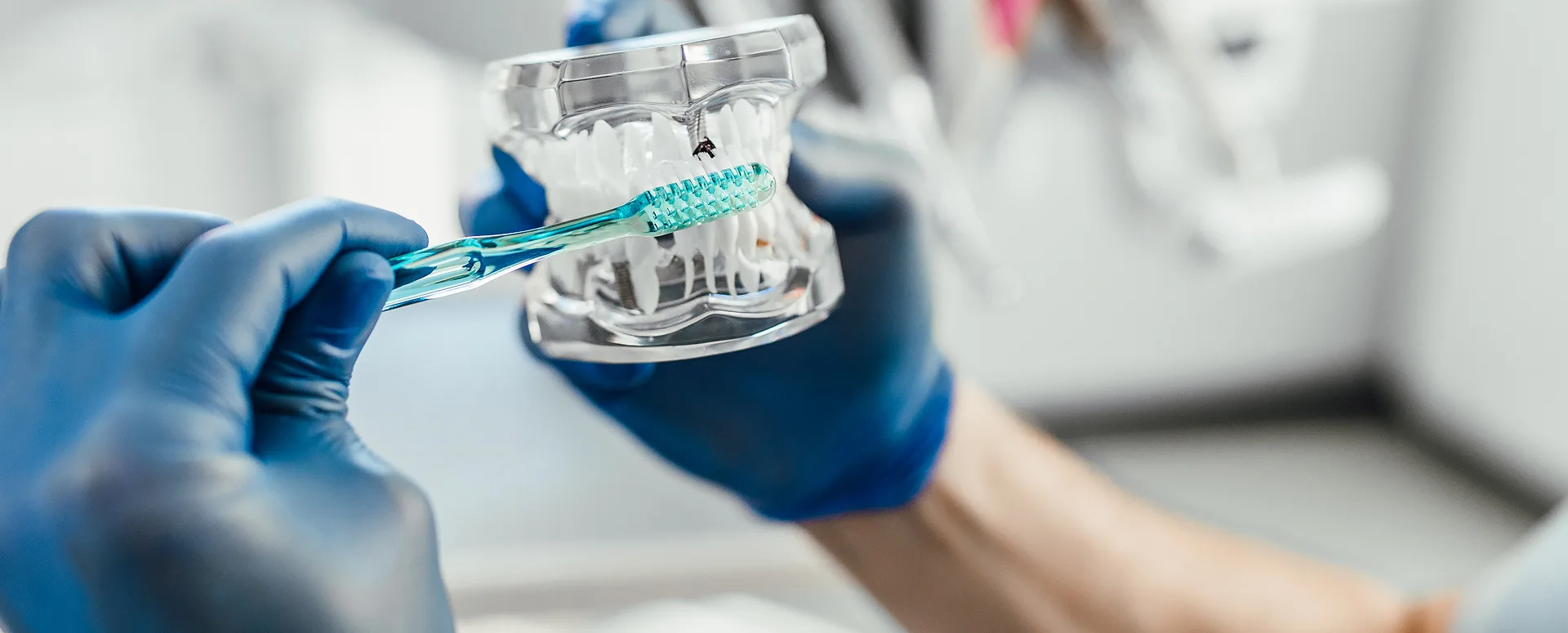 Gloved hands demonstrating brushing on a transparent dental implant model