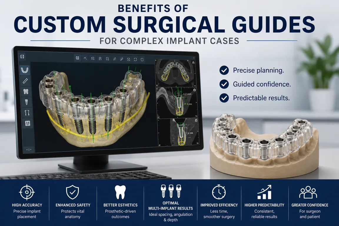 Computer screen displaying digital implant planning software with a custom surgical guide model for complex dental implant case planning and guided surgery accuracy.