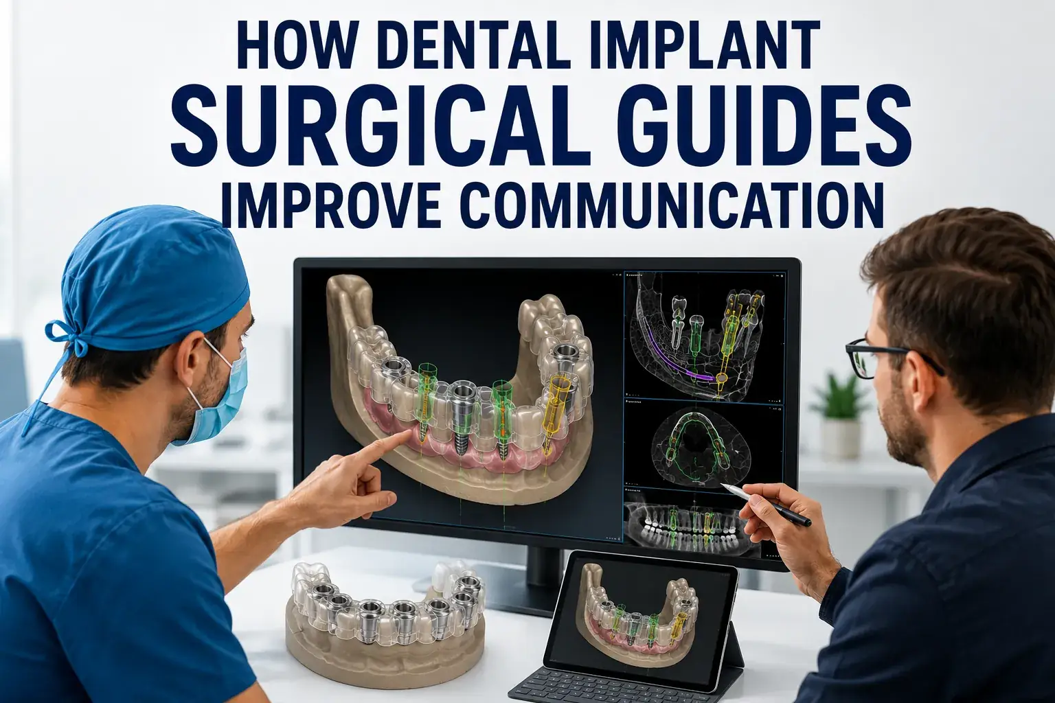 Dental surgeon and implant lab specialist reviewing digital implant surgical guide planning on a 3D dental imaging screen to improve clinical communication and treatment accuracy.