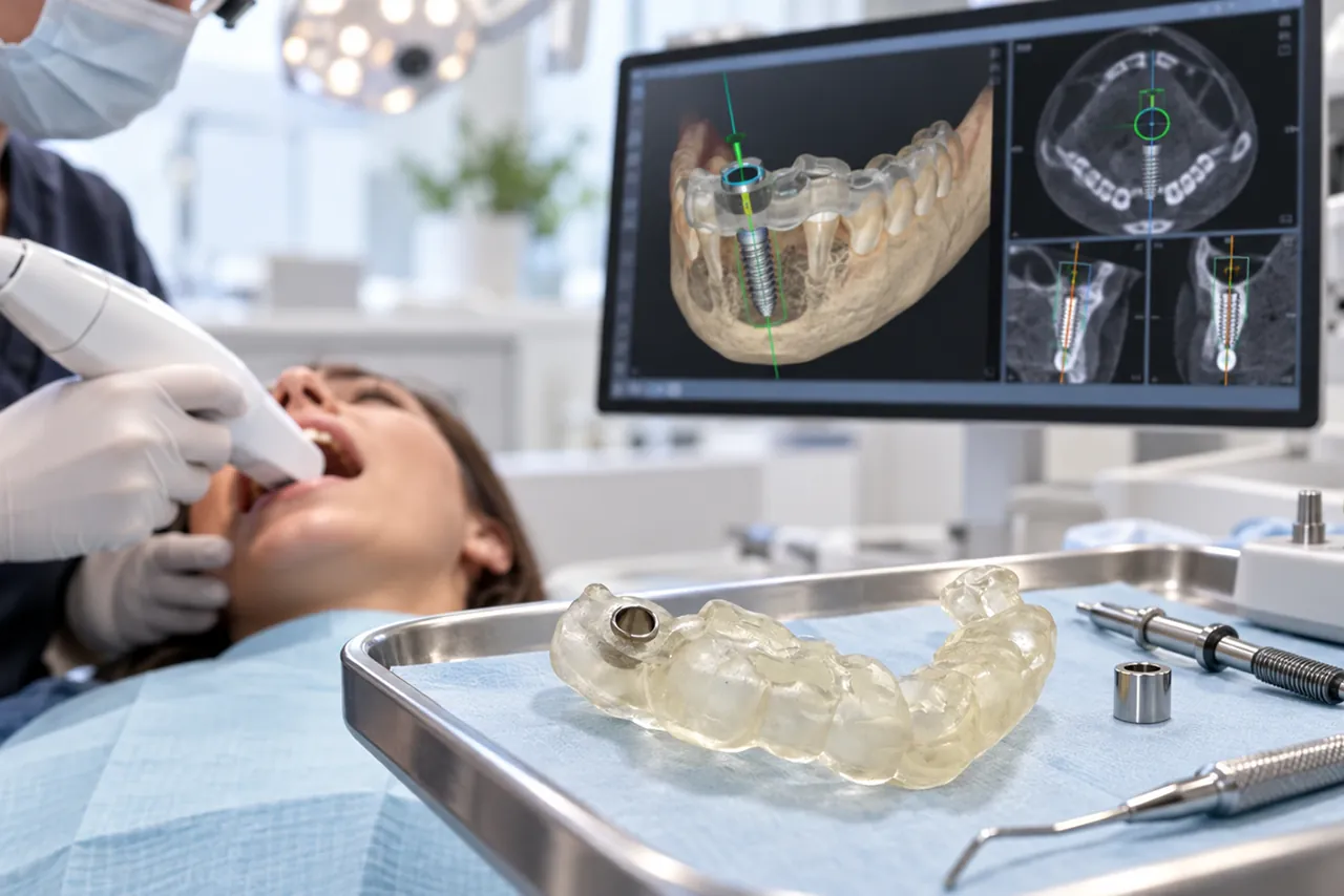 Digital implant surgery workflow showing CBCT imaging, intraoral scanning, surgical guide fabrication, and guided dental implant placement using digital planning technology.