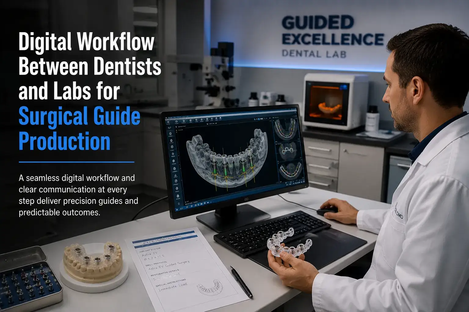Professional dentist reviewing digital implant planning software in a modern dental lab while holding a surgical guide for precision-guided implant production.