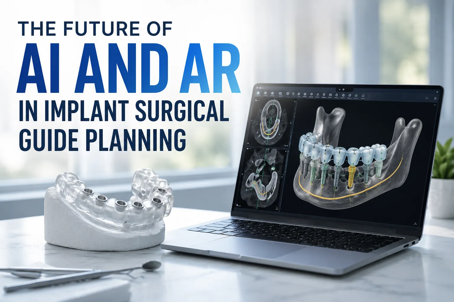 AI and augmented reality technology used in dental implant surgical guide planning with digital implant mapping, AR visualization, and guided implant placement.