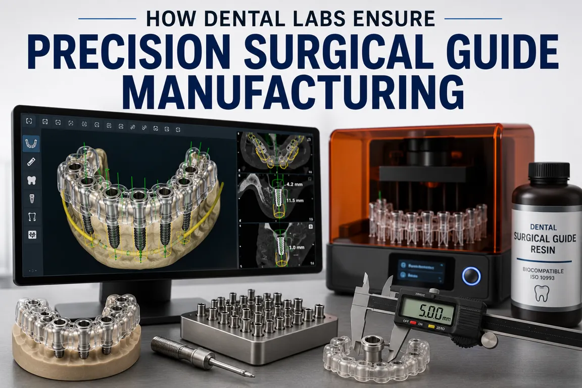 Dental lab workstation with digital implant planning software, SLA 3D printer, surgical guide resin, and precision tools used for accurate surgical guide manufacturing.