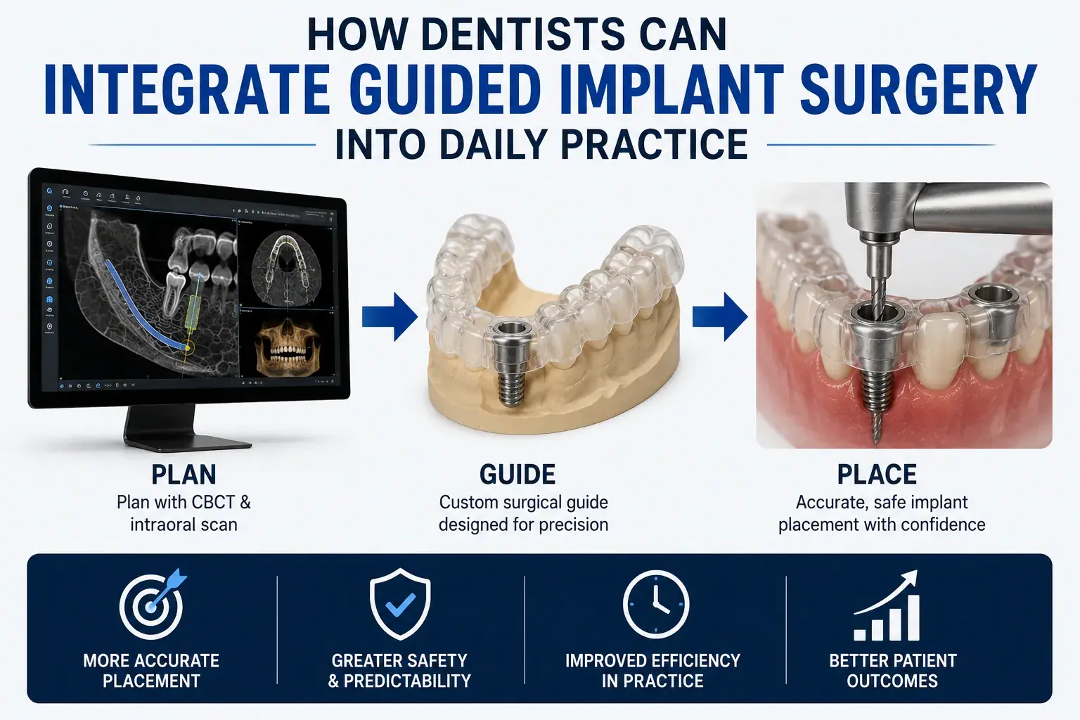 Dentist workflow for guided implant surgery showing CBCT planning, custom surgical guide creation, and precise guided dental implant placement.