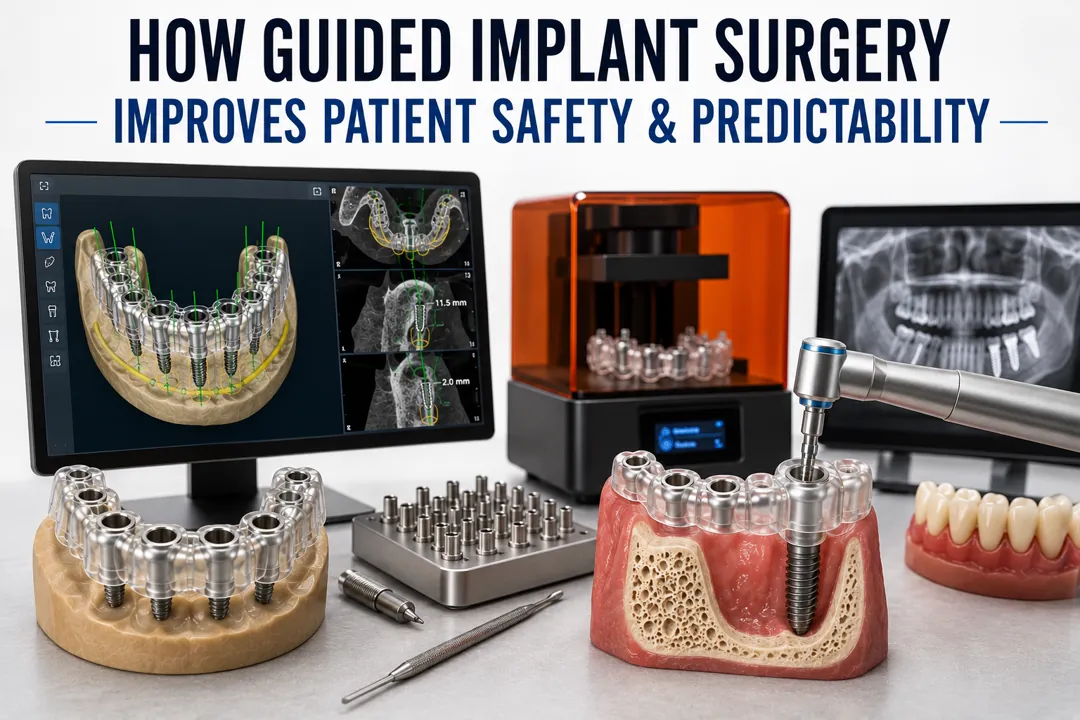 Guided implant surgery workflow with digital implant planning software, surgical guide fabrication, and precision-guided dental implant placement for improved patient safety and predictable outcomes.