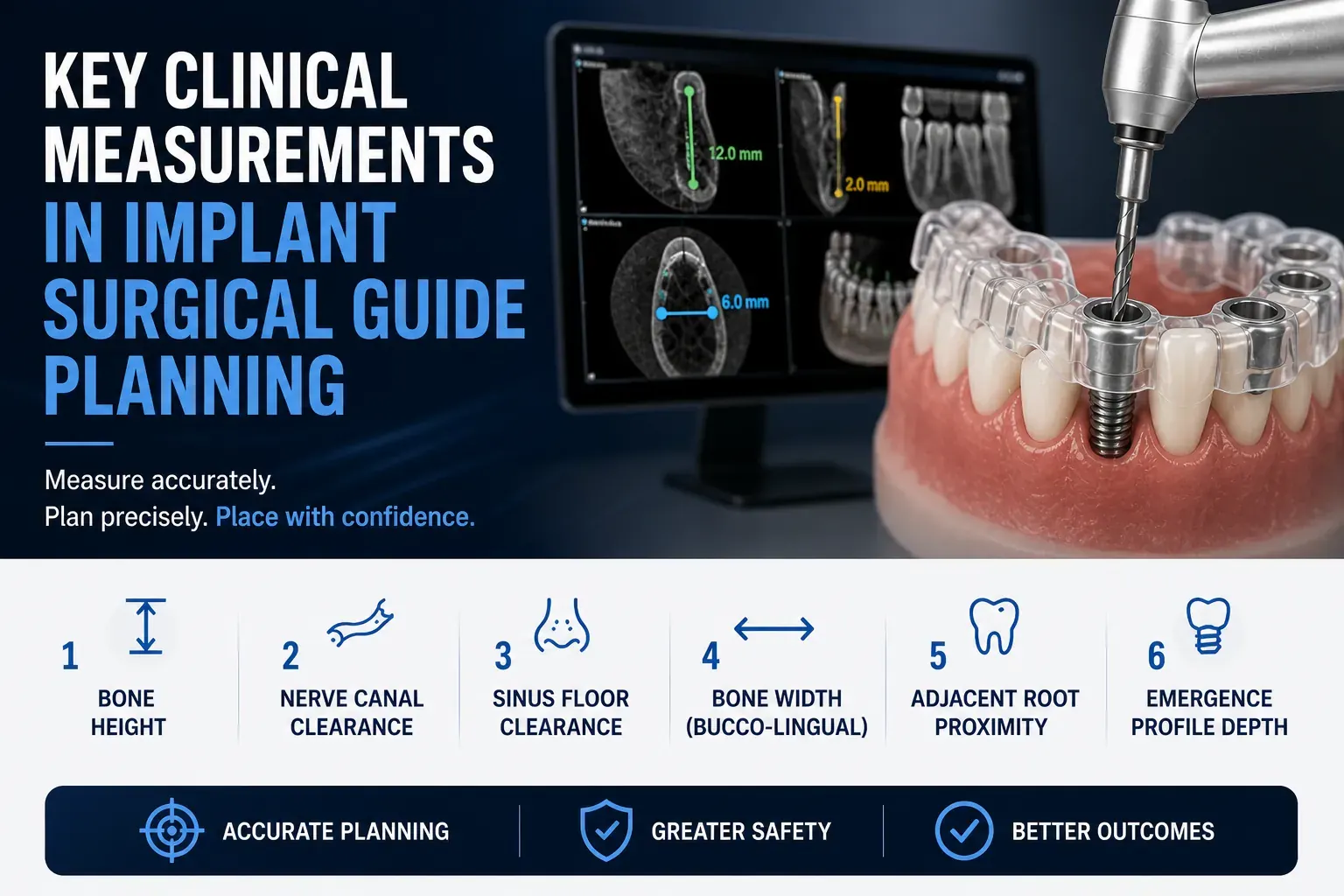 Key clinical measurements implant surgical guide planning  CBCT bone height, nerve clearance, and root proximity mapped to guide sleeve design for precise implant placement.