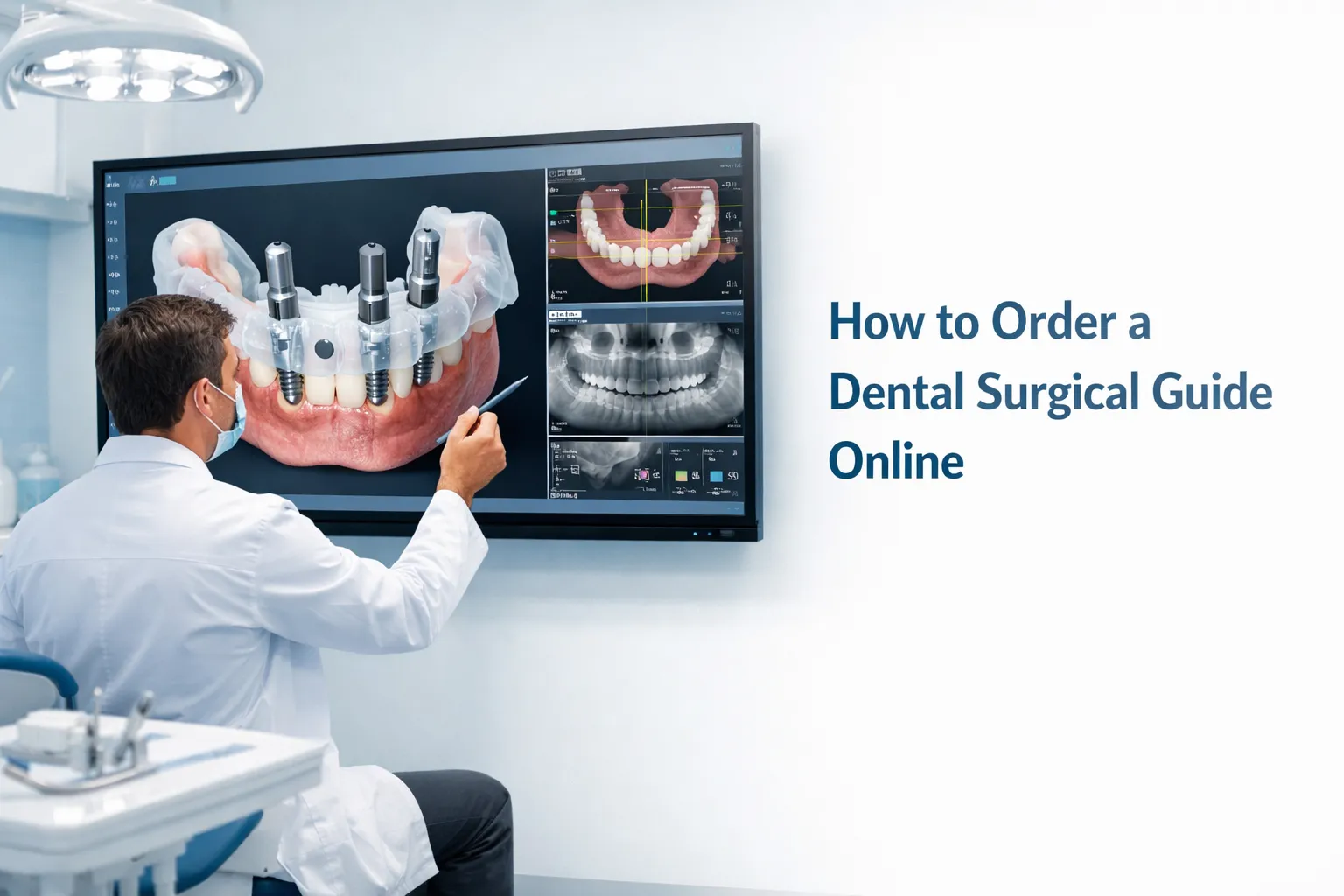 A male dentist pointing at a 3D dental surgical guide on a large digital screen with text reading HOW TO ORDER A DENTAL SURGICAL GUIDE ONLINE.