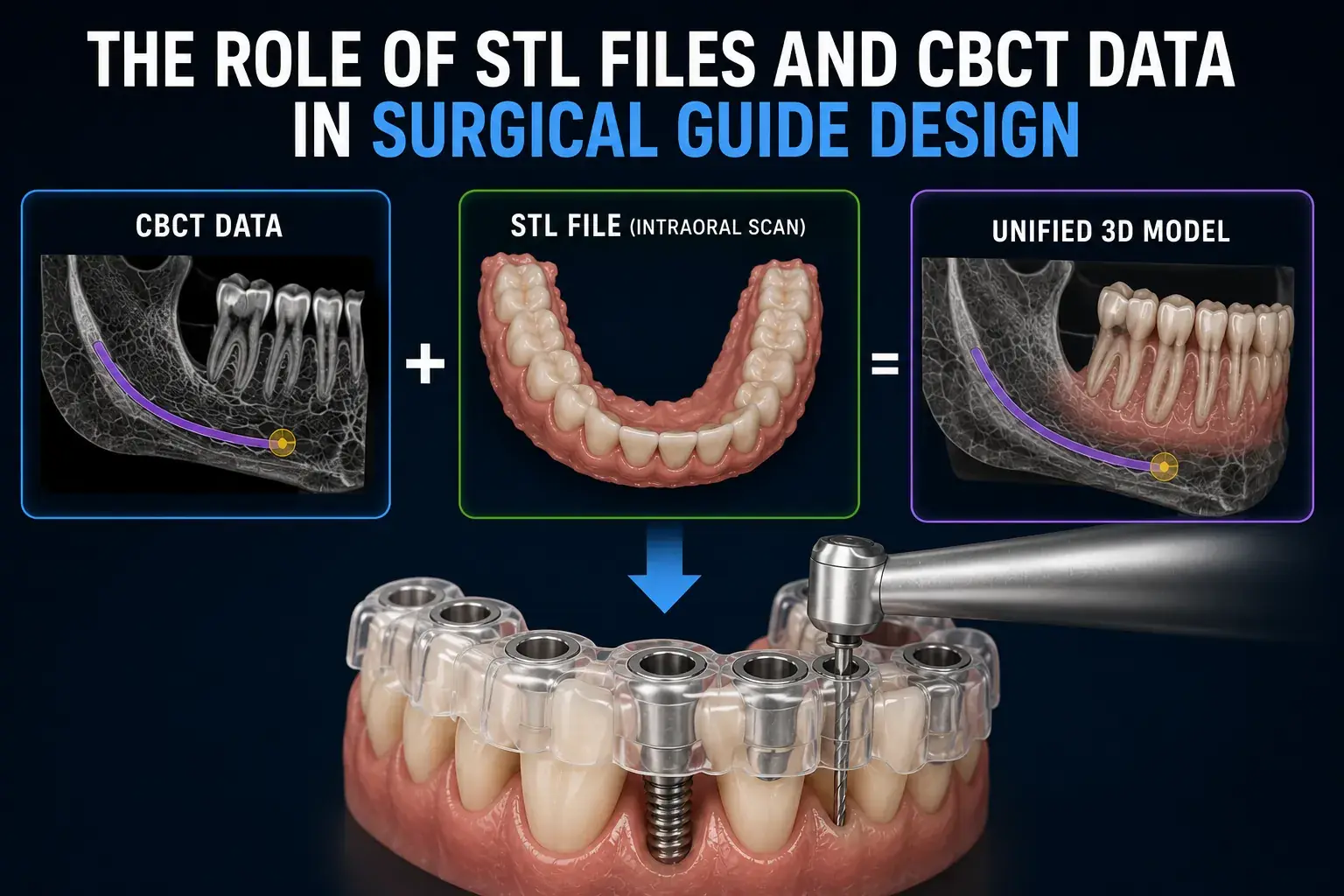 CBCT data and STL intraoral scan combined into a unified 3D model for accurate dental implant surgical guide design and guided implant placement.