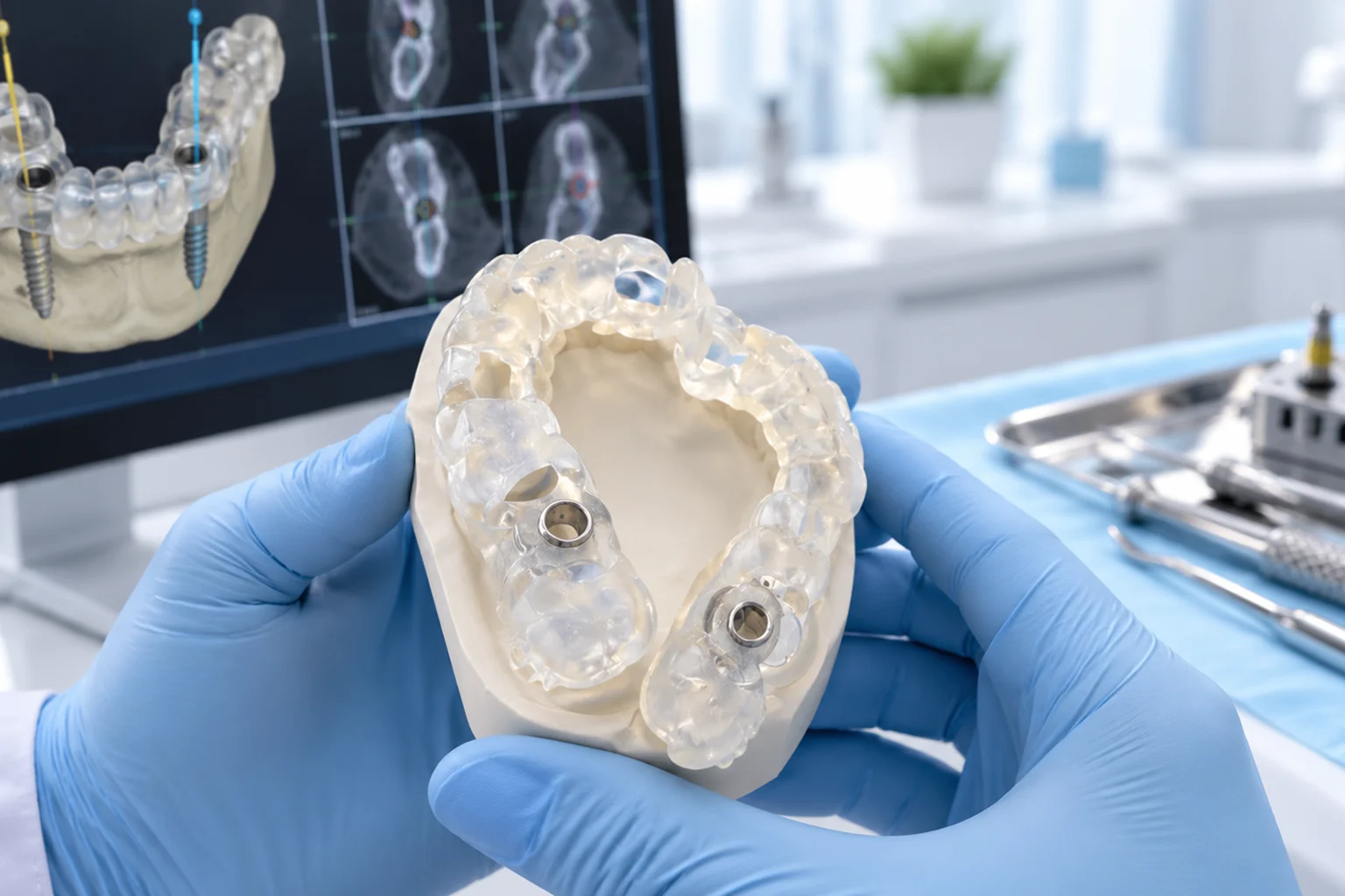 Dentist performing guided implant surgery with a custom surgical guide and digital treatment planning screen illustrating when guided implant placement is preferred over freehand surgery.